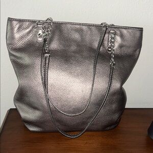 Michael Michael Kors Metallic Pewter Tote Bag with Chain-Strap
